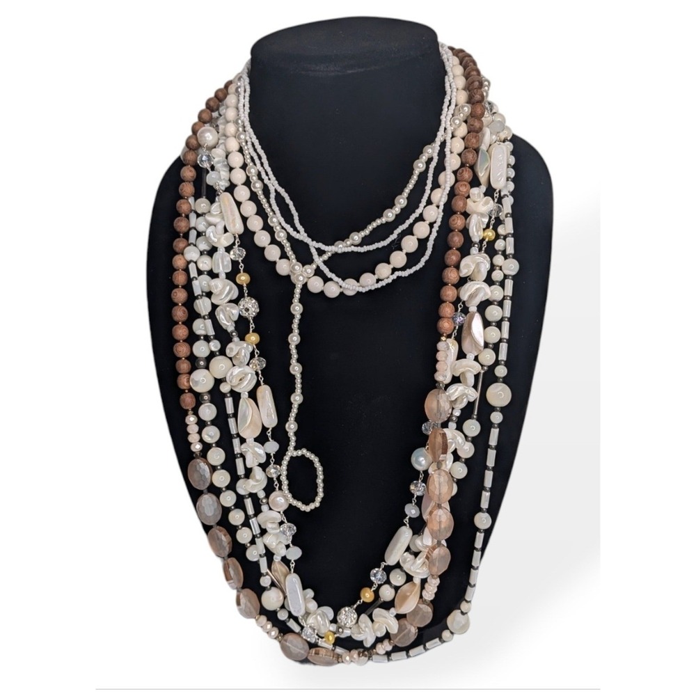 Necklace Bundle Lot Coral Ivory Bead Layered Shell Pearl Wood Stones Vintage EUC